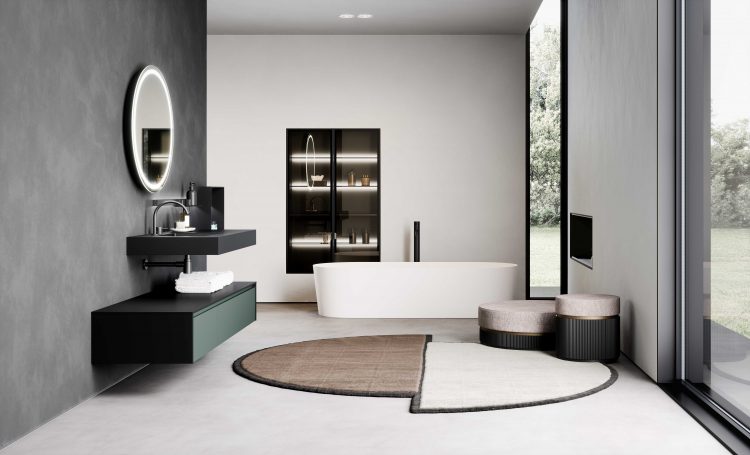 Alu tall units with integrated LED lighting behind the shelves, Mizar bathtub in matt white lightfeel, Kim poufs