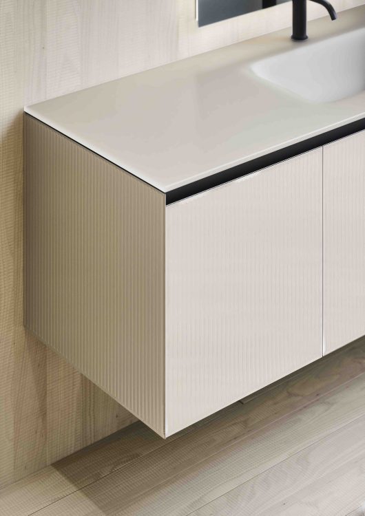 Eden vanity units, Glossy Papiro lacquered ribbed glass finish, Top in Glossy Papiro lacquered glass