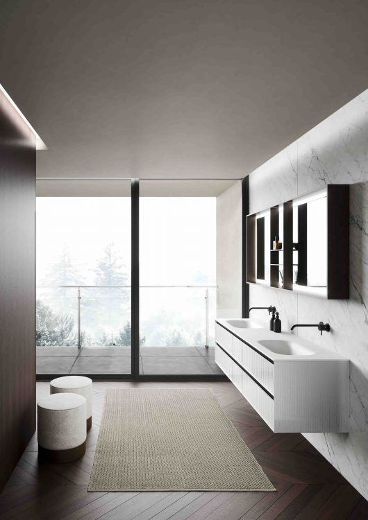 Eden vanity unit, Glossy White Ice lacquered ribbed glass finish