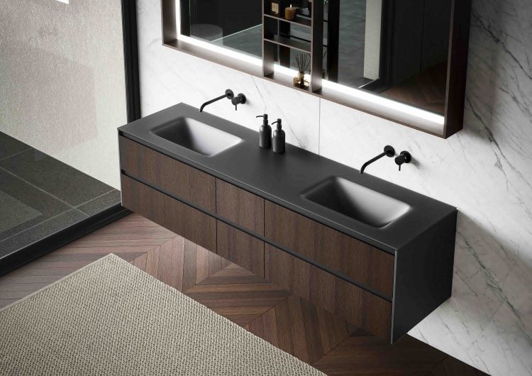 Eden vanity unit, Matt black glass finish, Frontal drawers in Heat Treated Oak