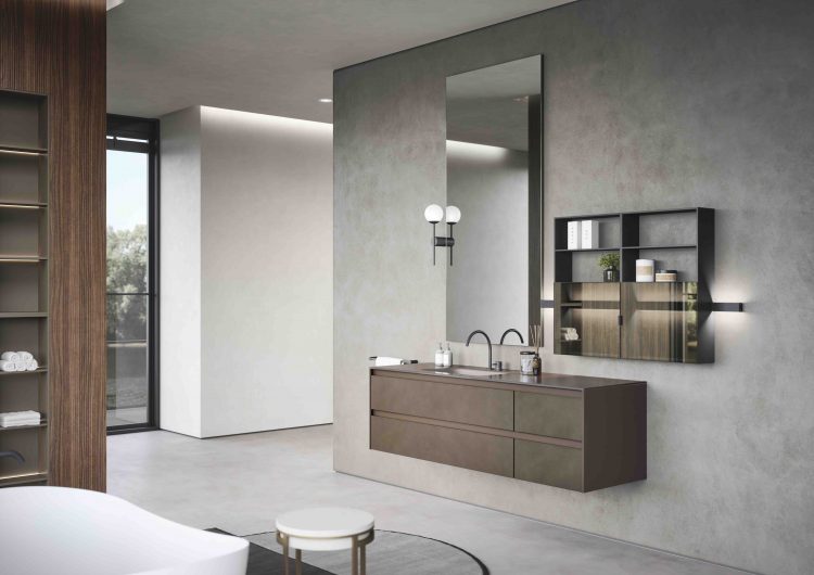 Eden vanity unit, Matt Caffè lacquered finish, Top in Caffè satin lacquered glass, Easy mirror, Line bar with suspended units