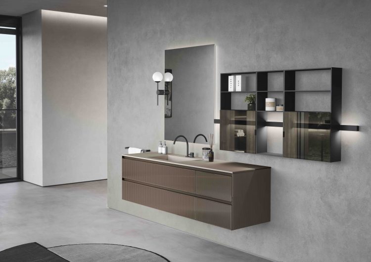 Eden vanity unit, Ribbed coloured glass in glossy Caffè finish, Easy mirror, Line bar with suspended units