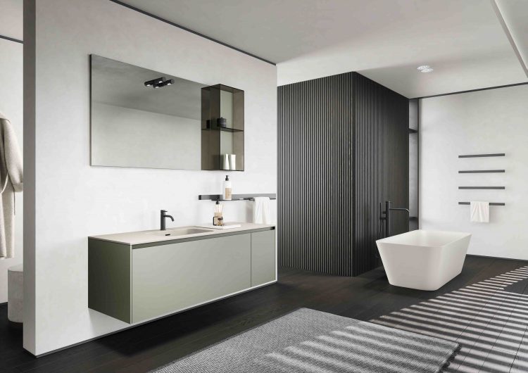 Eden vanity unit, Matt "Verde salice" lacquered finish, Paris Square mirror, Rigel bathtub