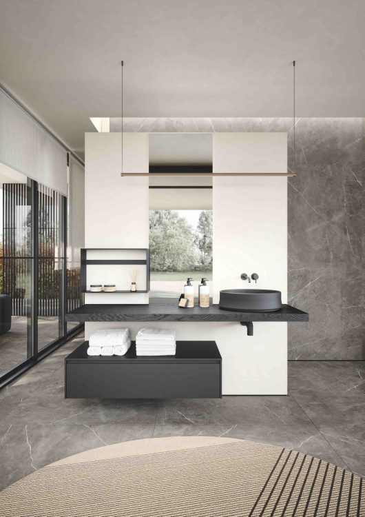 Eden vanity unit, "Nero Lavagna" lacquered finish, Top in Charcoal Oak finish, Dalì Full mirror, Sei lamp