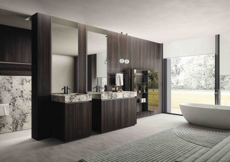 Eden vanity unit, Eucalyptus finish, Top in Alaska White porcelain stone, Dalì Full mirror