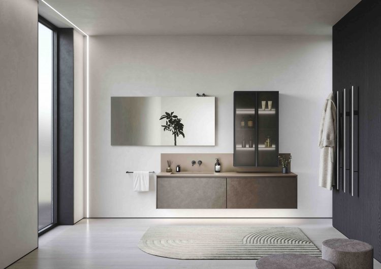 Eden vanity unit, Lacquered and Castoro Fenix finish, Frontal drawers in smooth leather, Easy mirror with Toobe lamps, Alu tall unit