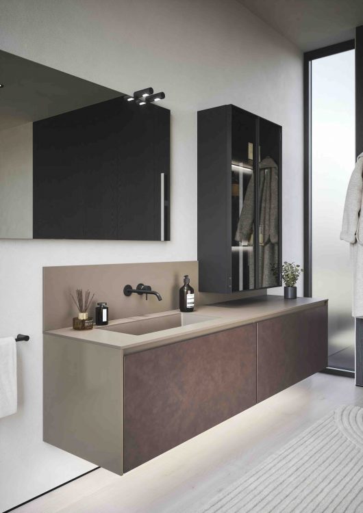 Eden vanity unit, Lacquered and Castoro Fenix finish, Frontal drawers in smooth leather, Easy mirror