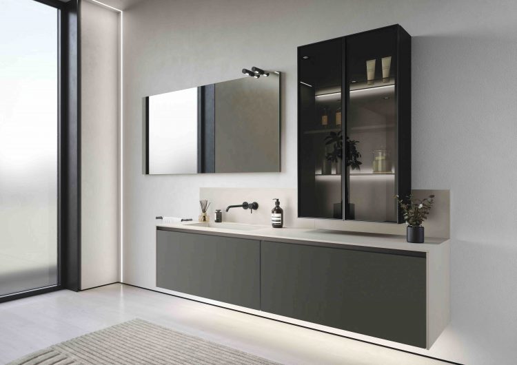 Eden vanity unit, "Corda Elegance" lacquered finish, Frontal drawers in lacquered Antracite Dark, Easy mirror