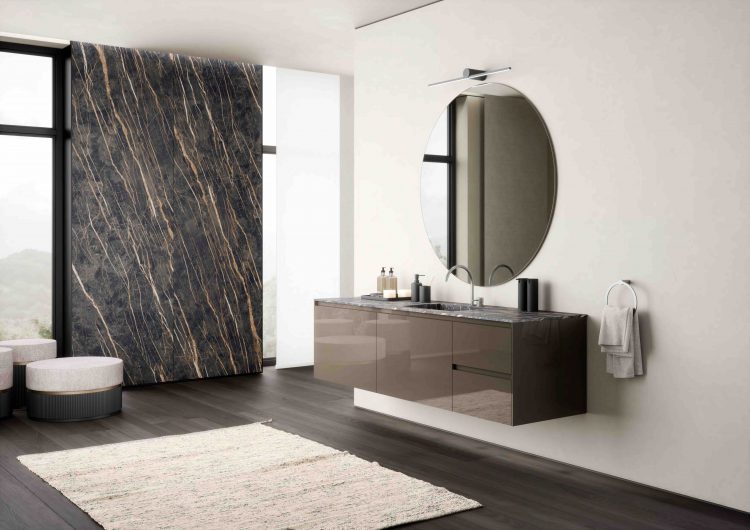 Eden vanity unit, Gianduia Metallic lacquered finish, Joyce mirror with Tetris lamp