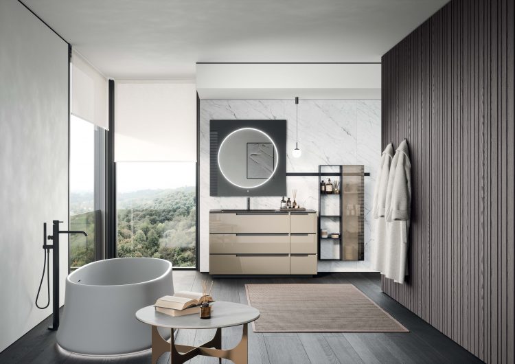 Profilo vanity unit in Metallic Prosecco lacquered finish, Top with Rose integrated washbasin in Caffè elegance glossy glass finish, Roma mirror, Lume lamp, Volcano bathtub