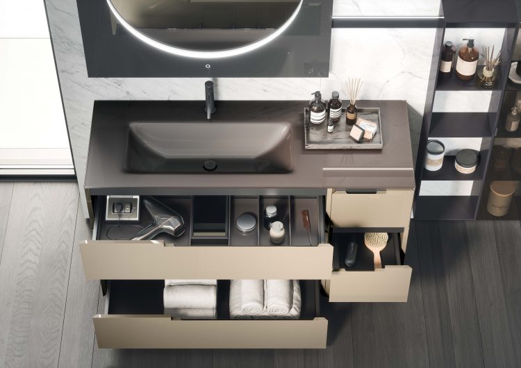 Top with Rose integrated washbasin in Caffè elegance glossy glass finish