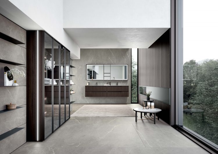 Profilo vanity unit in Eucalyptus finish, Top with Rock integrated washbasin in Pietra Piasentina Porcelain Stone, Acca mirror in matt black finish