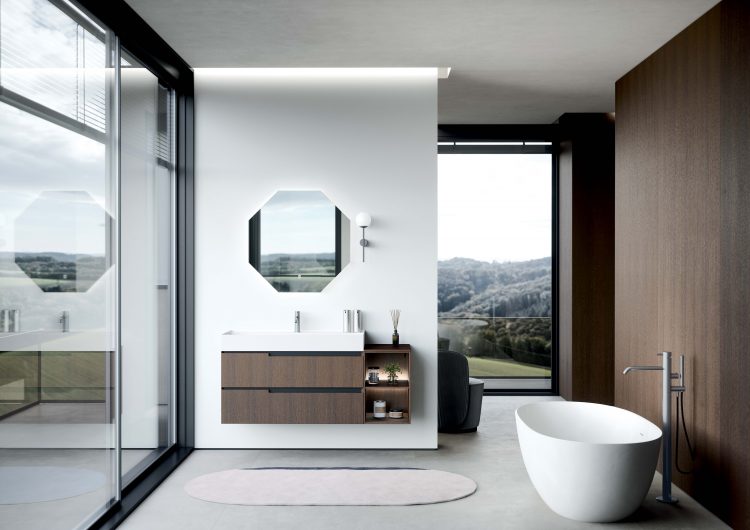 Profilo vanity unit in Heat Treated Oak finish, Rebel countertop washbasin in Lightfeel, Jung mirror, Lume Lamp