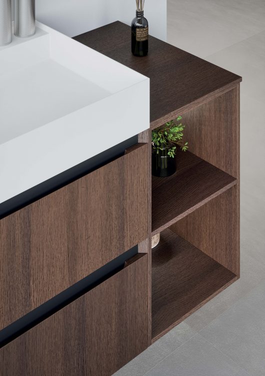 Additional wall-hung unit with open shelves and integrated LED lighting