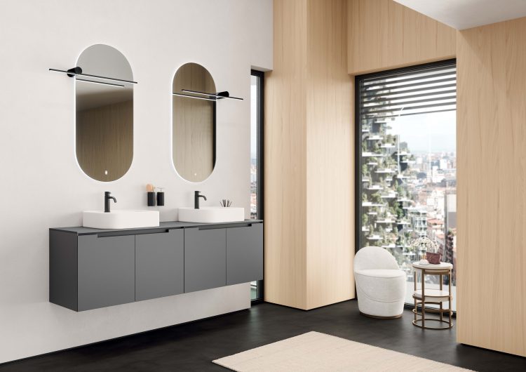 Profilo vanity unit in matt Grigio Pietra lacquered finish, Top in Grigio Pietra colored Purefeel, Leaf countertop washbasin in white Lightfeel, Hugo Mirror