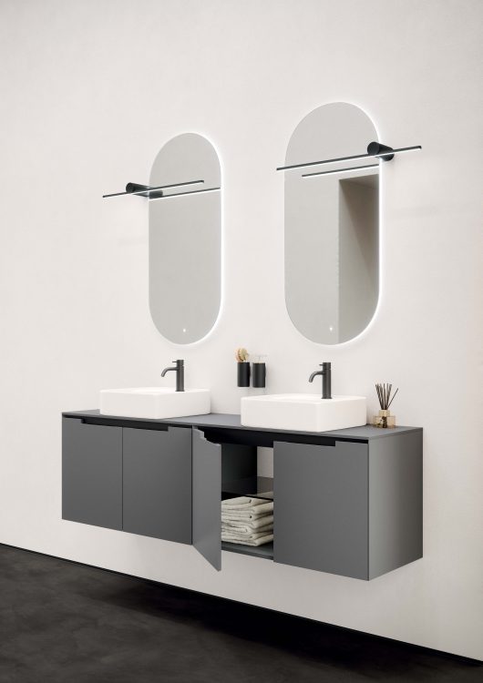 Profilo vanity unit in matt Grigio Pietra lacquered finish, Top in Grigio Pietra colored Purefeel, Leaf countertop washbasin in white Lightfeel, Hugo Mirror