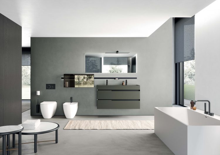Profilo vanity unit in Verde Muschio matt lacquered finish, Dali Full mirror, Line bar with modules and accessories 