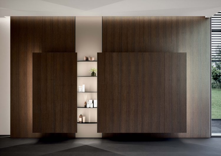 Cube and Max tall units in Heat Treated Oak, Riga boiserie in matt Avana lacquered and shelves in black aluminium 