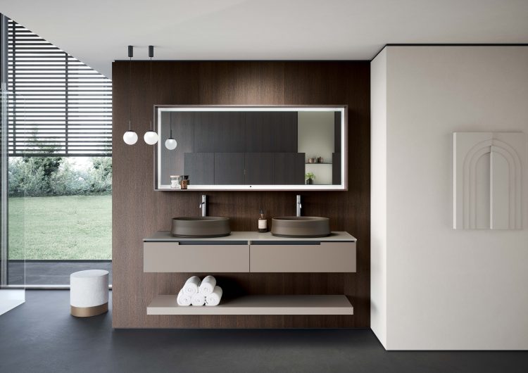 Profilo vanity unit in matt Avana lacquered finish, top in satin glass Avana lacquered with Volcano countertop basin, Charles mirror