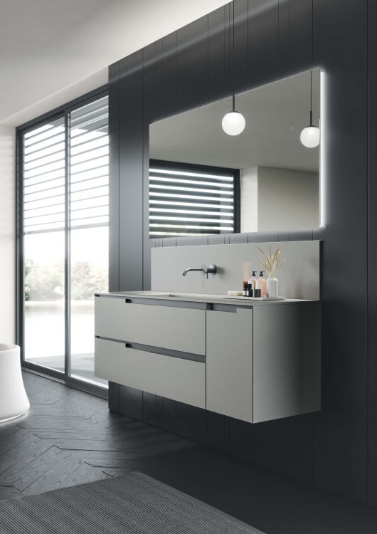 Profilo vanity unit in Grigio Elegance lacquered finish, Top with Cut integrated washbasin in Grigio Elegance Purefeel, Dali Full mirror, Lume lamp