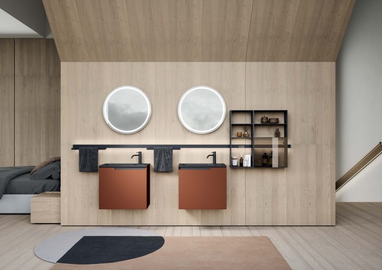 Profilo vanity unit in Matt rust lacquered finish, top with Tray integrated washbasin, Dream mirror in Nero Lavagna colored Purefeel