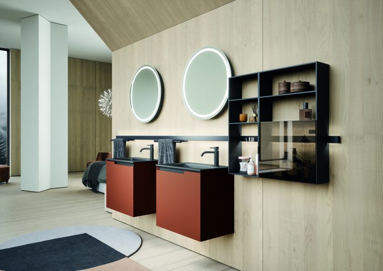 Profilo vanity unit in Matt rust lacquered finish, Line bar with modules and accessories in brushed black finish with Stop Sol glass doors 