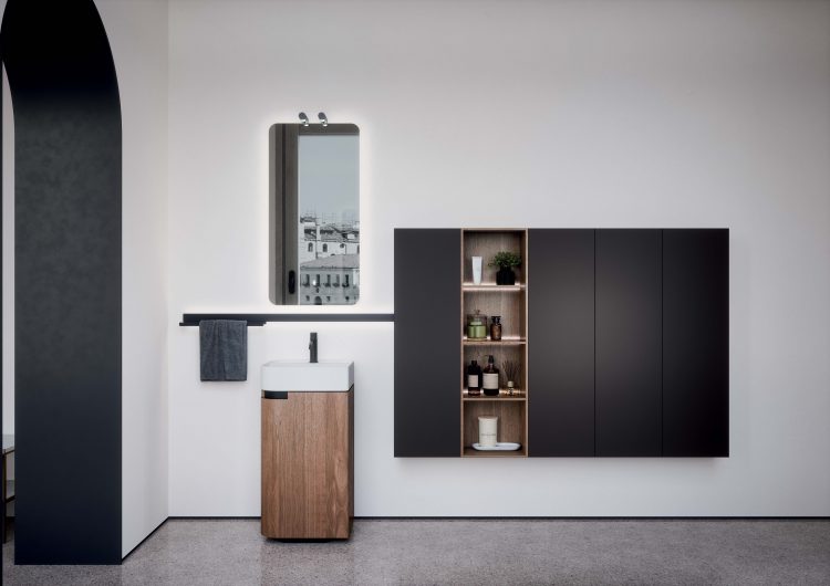 Freestanding unit in walnut with Leaf countertop washbasin, Freud mirror