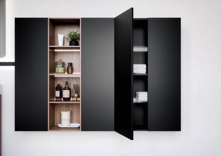 Cube tall units in Nero Lavagna lacquered finish and Open tall units in Walnut