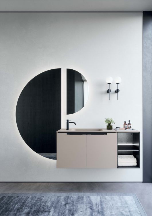 Profilo vanity units in matt tortora elegance lacquered finish and Charcoal Oak open-shelf unit, Kant mirrors, Lume lamps