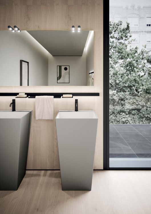 Mars freestanding washbasin in Grigio Elegance lacquered finish, Easy mirror, Line bar 