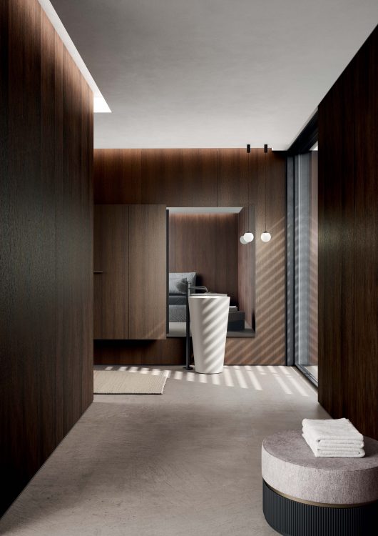 Jupiter freestanding washbasin, Dali Up & Down mirror, Lume lamps, Max and Cube tall units in Heat Treated Oak