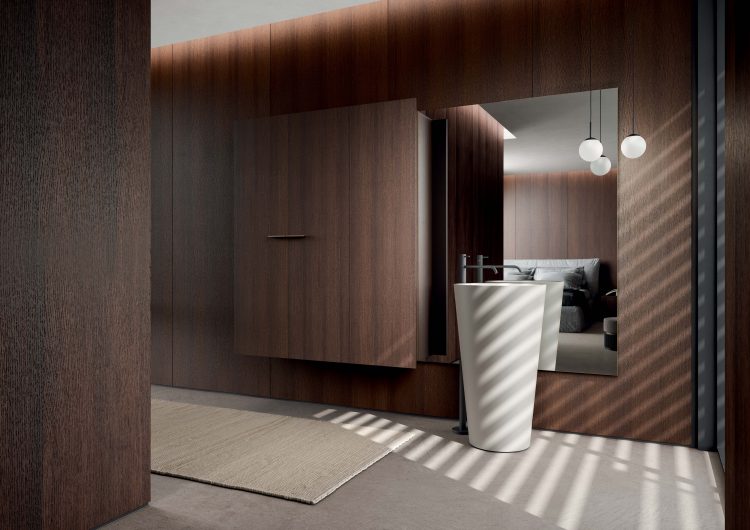 Jupiter freestanding washbasin in matt white Lightfeel and matt Corda elegance lacquered exterior finish