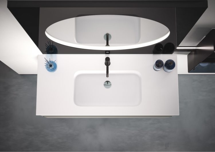 "Karl" integrated top in matt white resin and Stilo basin mixer in brushed black