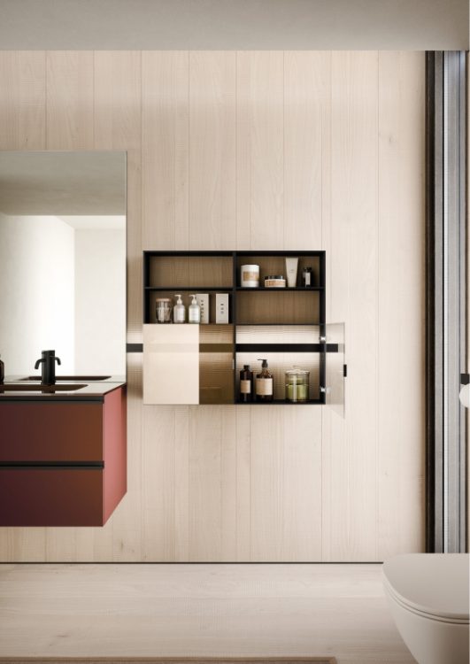 Line bar with accessories and modules in brushed black with Stop Sol glass doors