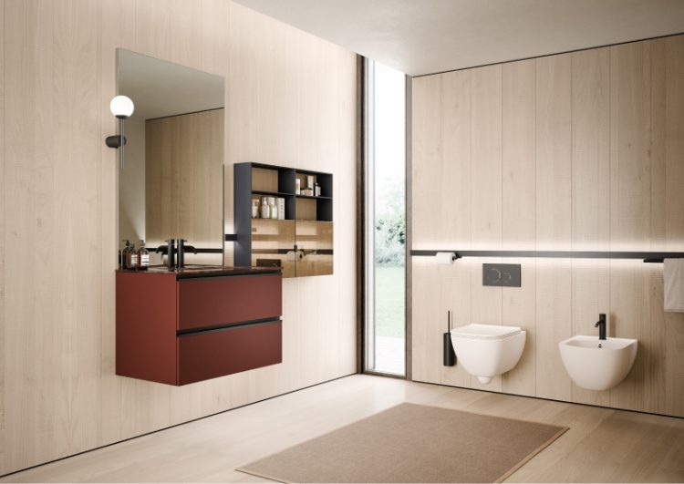 Forever vanity unit in matt Rosso Jaipur, top in coloured glass with Rose integrated washbasin, Easy mirror, Lume lamp, Line bar 