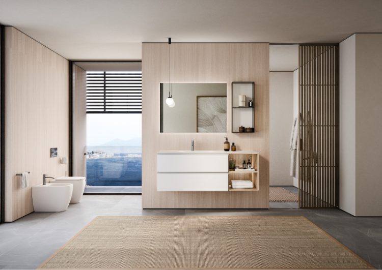 Forever vanity unit in Pure White Melamine wood, handles in matt white, Top in matt white Lightfeel with Drop integrated washbasin, Dali Full mirror, Lume lamps