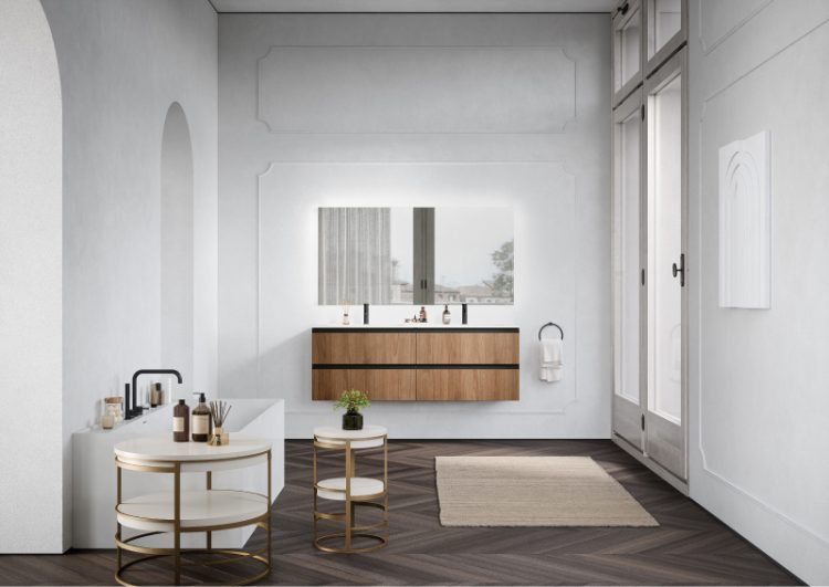 Forever vanity unit in Ancorn melamine wood, "Karl" integrated top in matt white resin, Dali Full mirror, Hamal bathtub