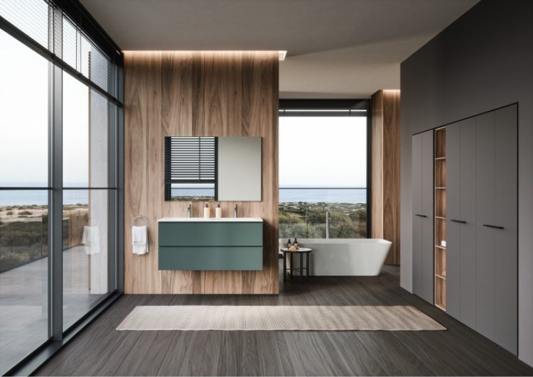 Forever vanity unit in matt Green lacquered finish, "Frank" integrated top in white ceramic, Easy mirror, Rigel bathtub