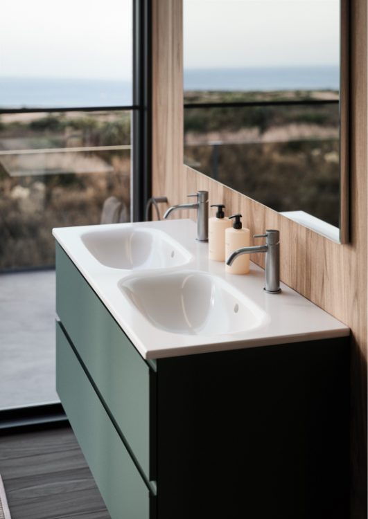 Forever vanity unit in matt Green lacquered finish, "Frank" integrated top in white ceramic with Stilo basin mixer in brushed steel