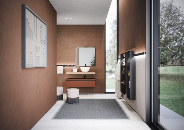 Top in White Chestnut wood veneer finish with Aurora countertop washbasin, additional wall-hung base unit in Matt Ruggine lacquered, Easy mirror, Tetris lamp, Line bar