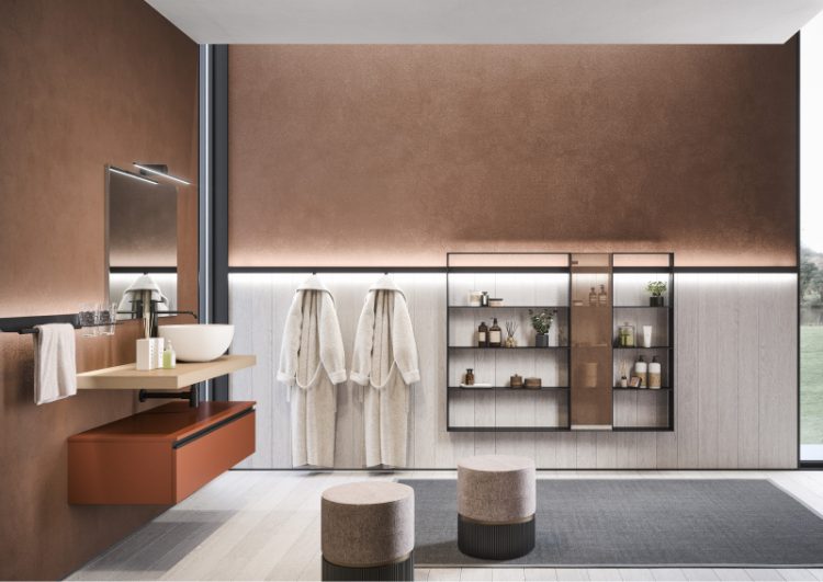 Line bar with accessories and modules in brushed black with Stop Sol glass door