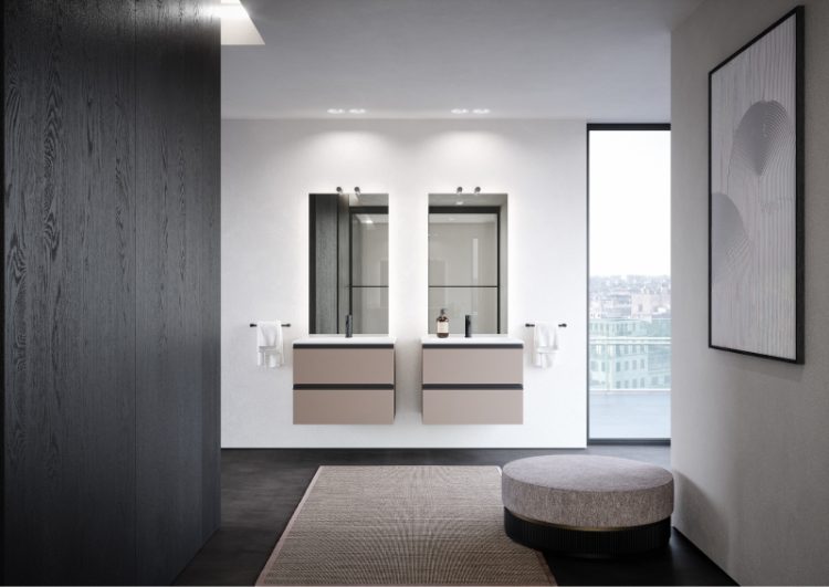 Forever vanity units in Caffè melamine wood finish, "Frank" integrated top, Fali Full mirror with Toobe lamps