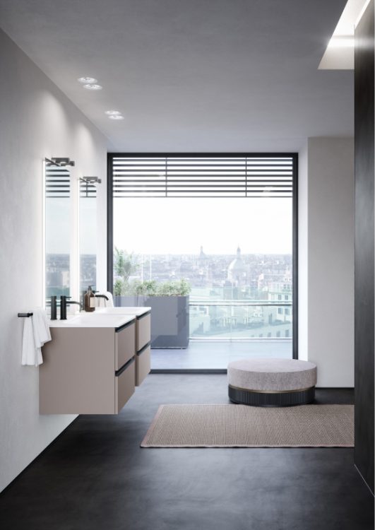 Forever vanity units in Caffè melamine wood finish, "Frank" integrated top, Fali Full mirror with Toobe lamps