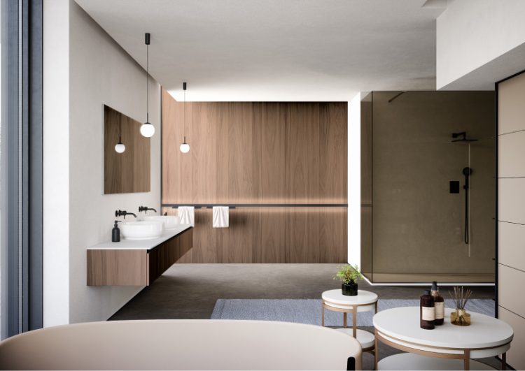 Forever vanity unit in Ash Oak melamine wood, handles in matt black, top in matt white Purefeel with Amy washbasin, Easy mirror, Lume lamp