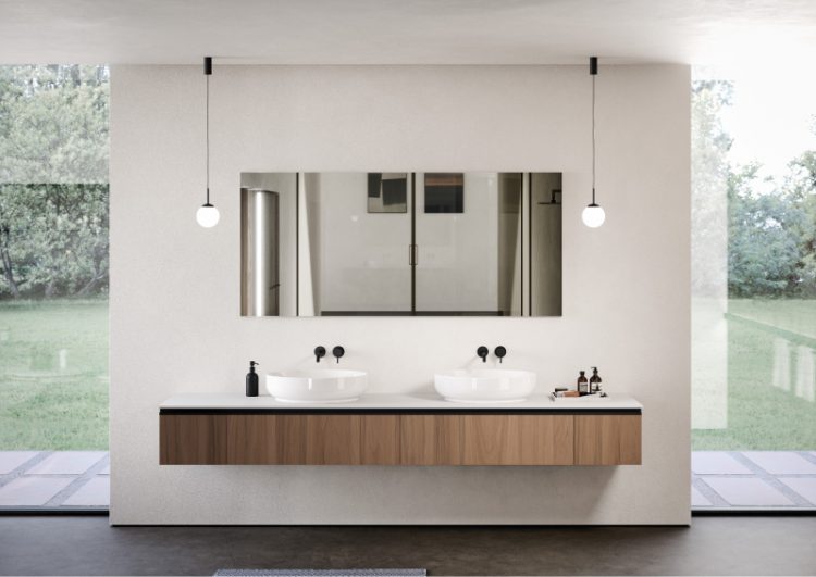 Forever vanity unit in Ash Oak melamine wood, handles in matt black, top in matt white Purefeel with Amy washbasin, Easy mirror, Lume lamp