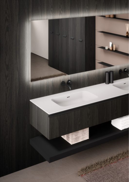 Top in matt white Purefeel with Edy integrated washbasin, Dali Full mirror