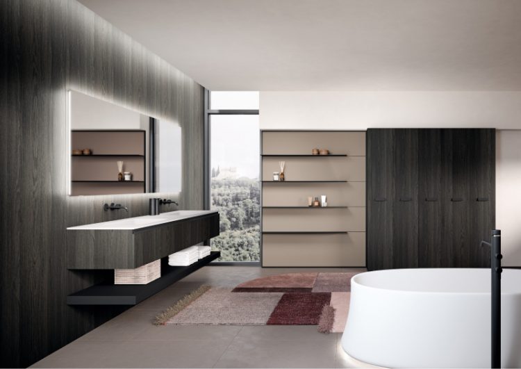 Volcano bathtub in matt white Lightfeel, Riga boiserie with panels in Caffè Melamine wood and shelf in brushed black aluminium 