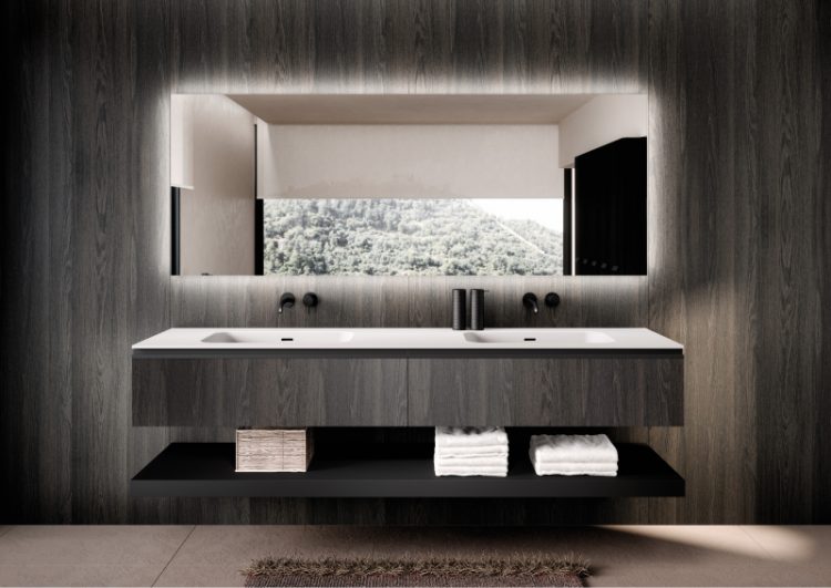 Forever vanity unit in Lava Oak melamine wood, top in matt white Purefeel with Edy integrated washbasin, Dali Full mirror
