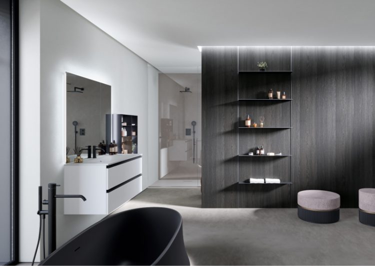 Volcano bathtub in matt Black Lightfeel, Riga boiserie with panels in Lava Oak melamine wood
