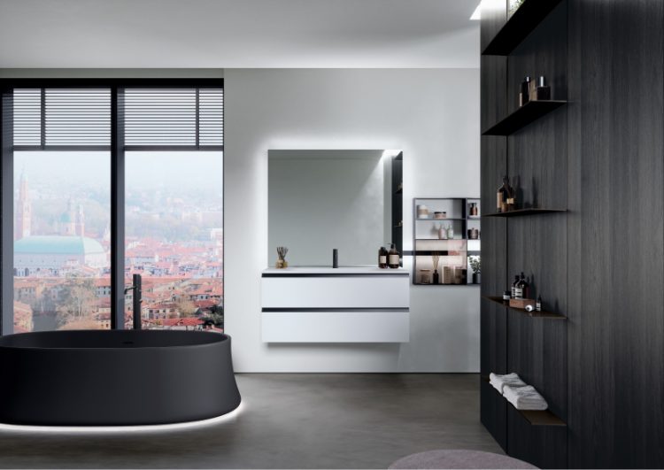 Forever vanity unit in Bianco Ghiaccio lacquered finish, Dali Full mirror, Line bar with modules, Volcano bathtub in matt Black Lightfeel